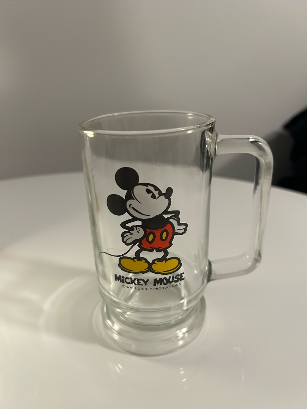 Disney Clear Glass Mickey Mouse Mug with Black, Red & Yellow Graphic